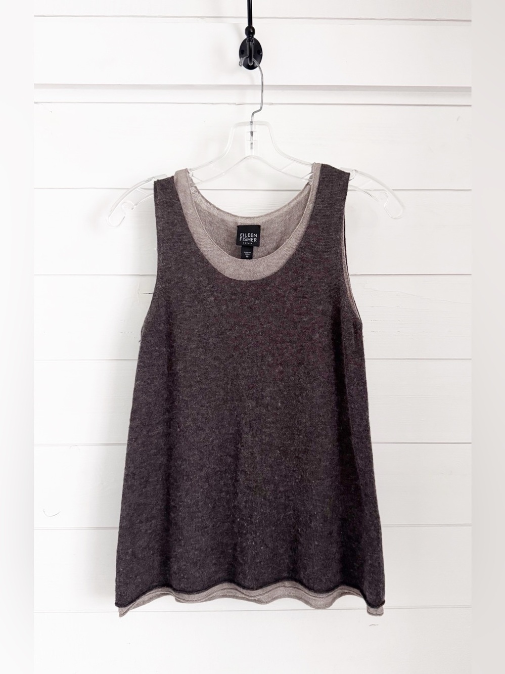 Eileen Fisher Layered Charcoal and Taupe Wool-Blend Tank + cocoon cardigan